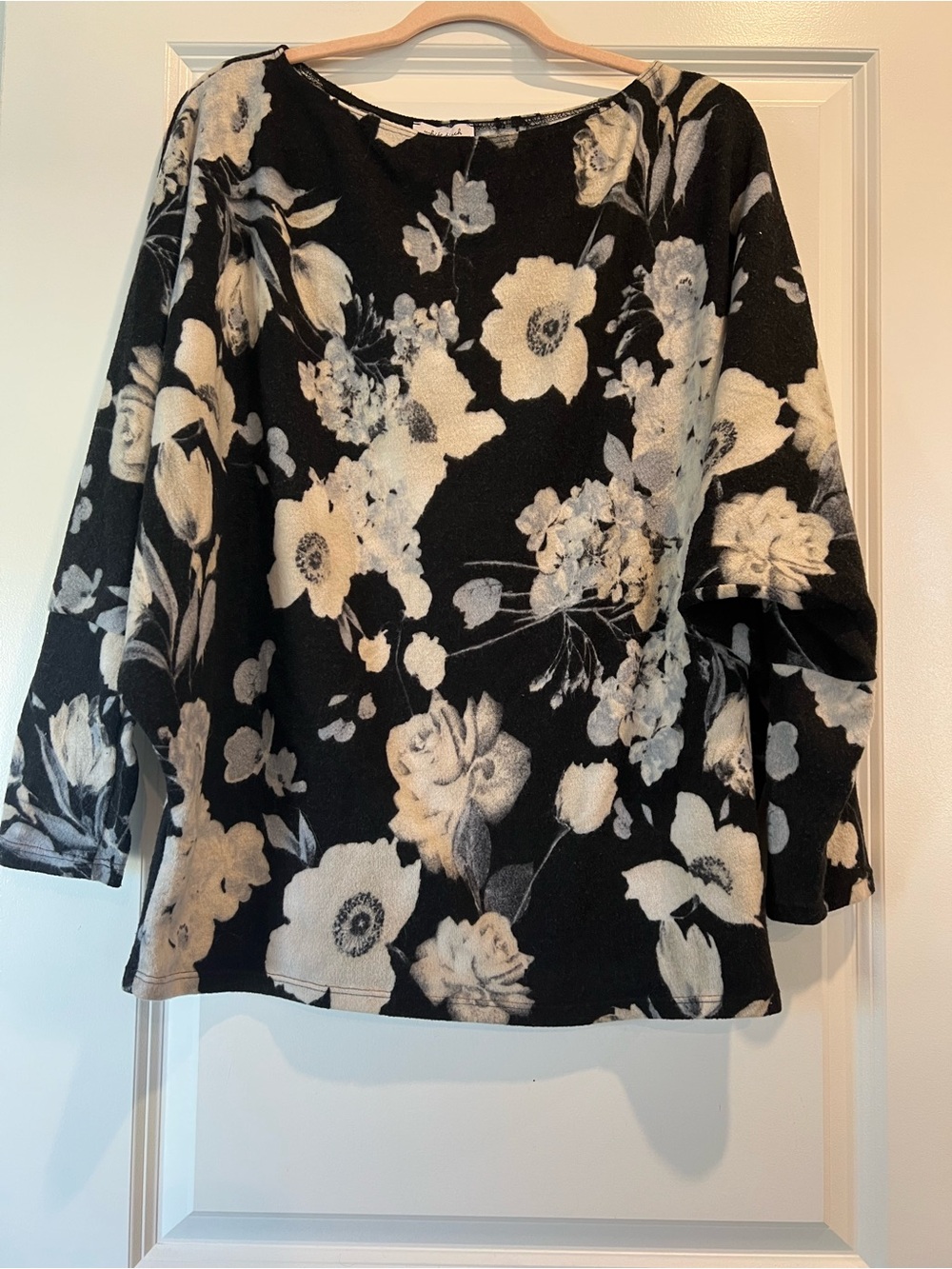 white birch Black and White Floral Boatneck with Dolman Sleeves